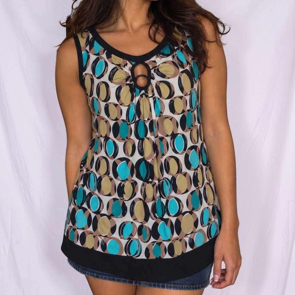 Apostrophe Retro Geometric Print Ring Keyhole Sleeveless Blouse Large